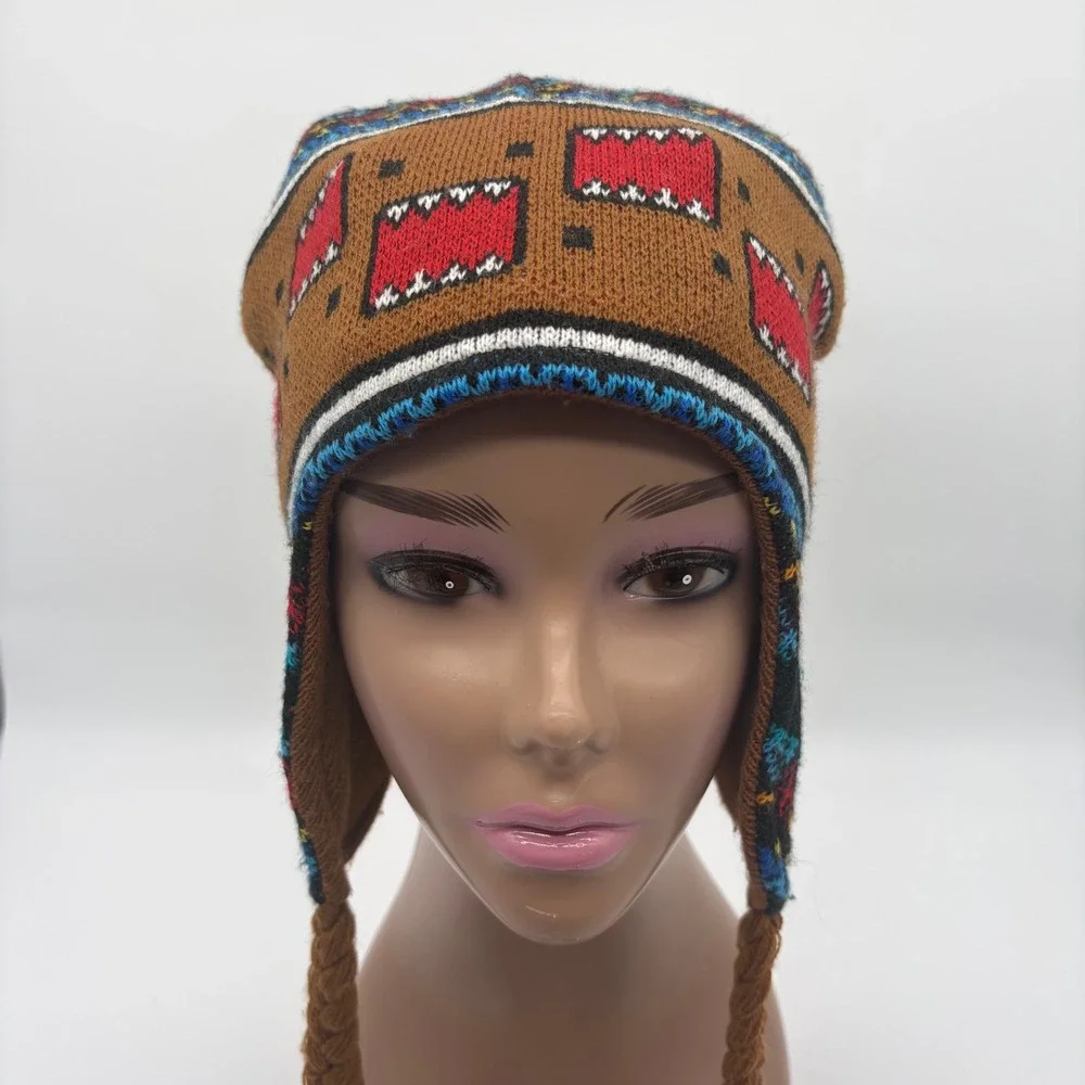 DOMO KUN Brown Knit Trapper Beanie with Braids and Aztec Pattern Y2K Rare‎